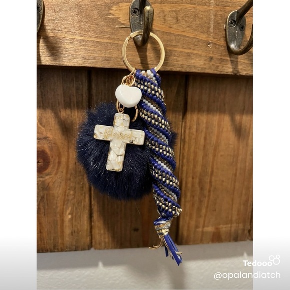 Handmade Accessories - Blessed Navy Faith Swirl Keychain with Pom